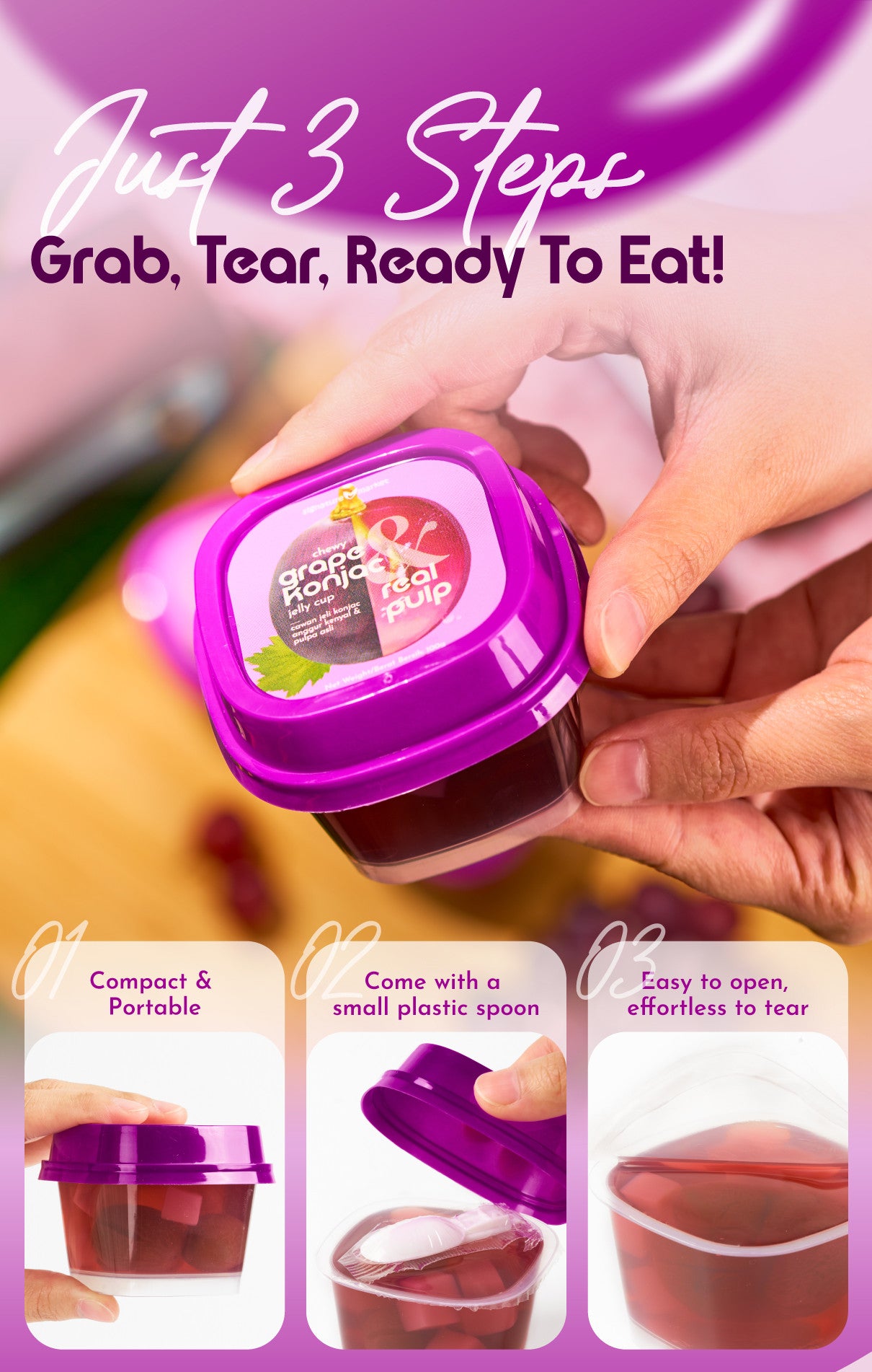 Chewy Grape Konjac Jelly Cup & Real Pulp  (100g x 2 cups)